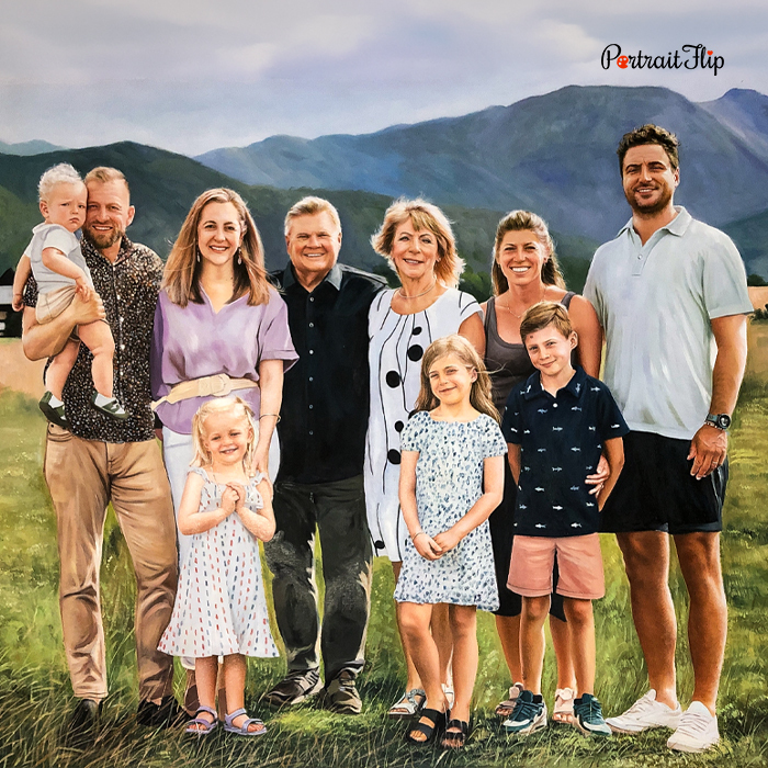 Oil portrait of a multi-generational family in the mountains